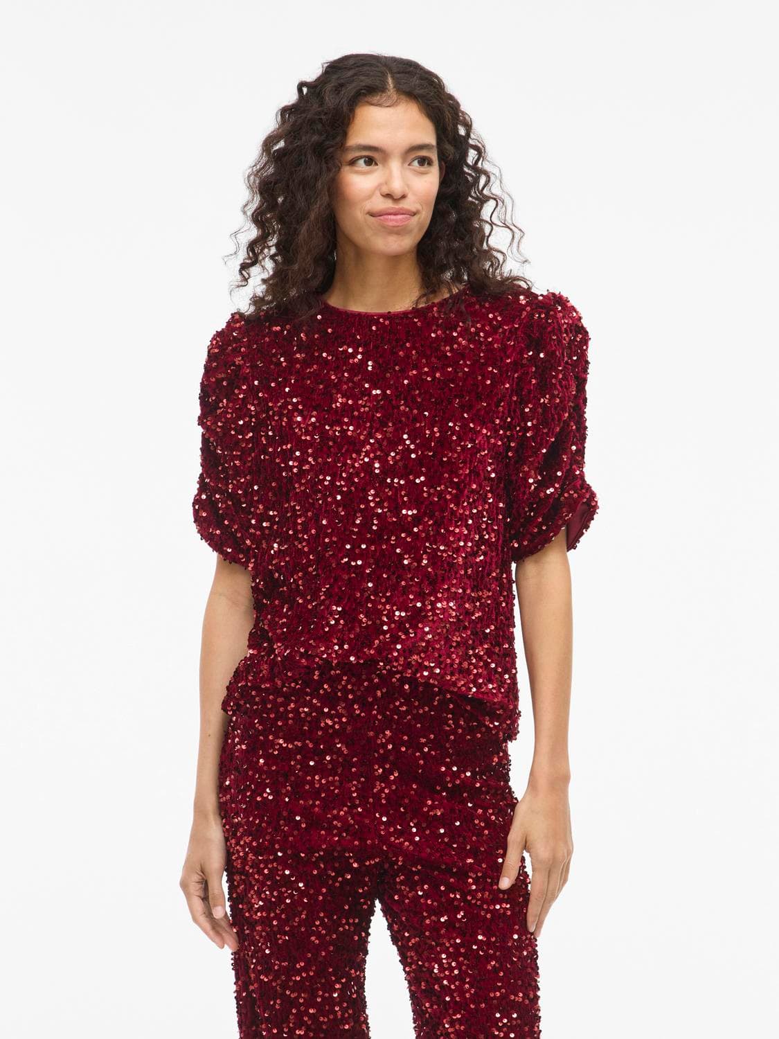 Vibelieve O-Neck Puff Sequins Top/1/Ka - VILA