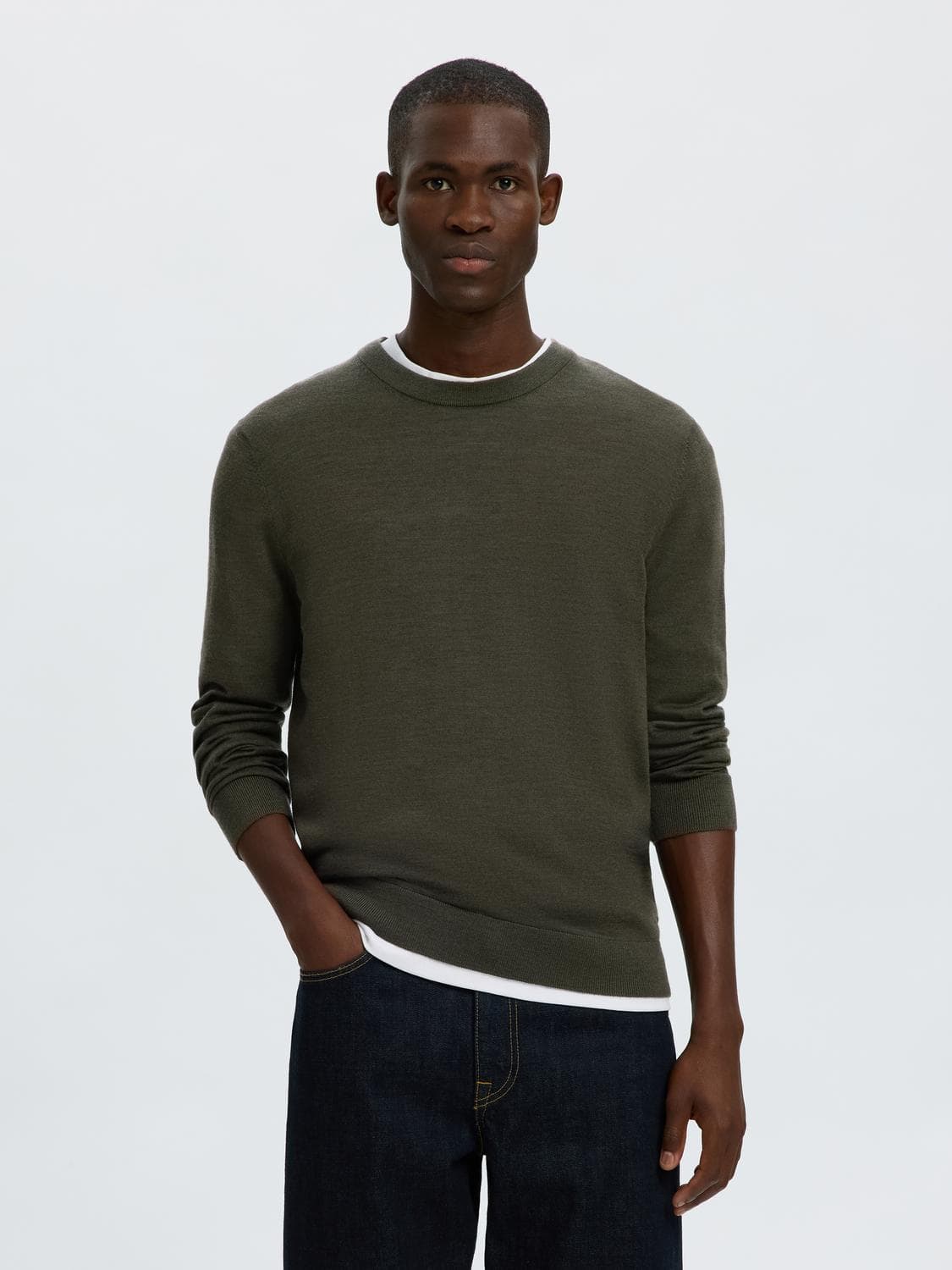 Slmtray Ls Knit Reg Merino Crew Noos - Selected