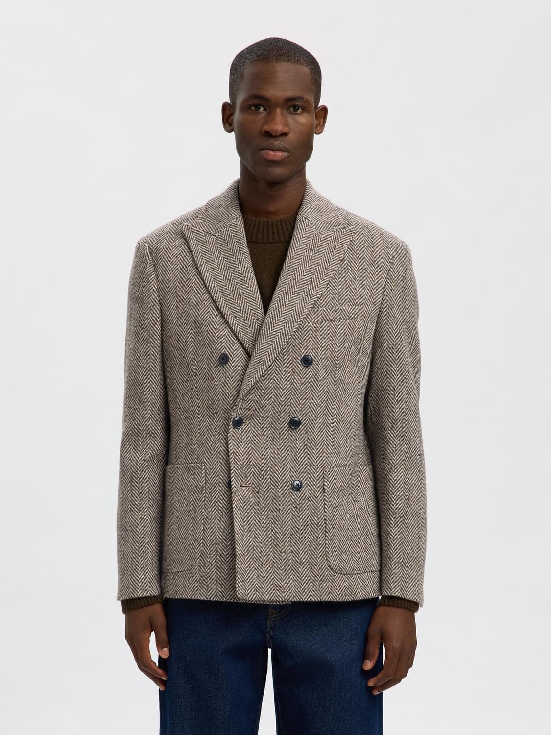 Slhreg-Morris Hbone Wool Blend Db Blz - Selected
